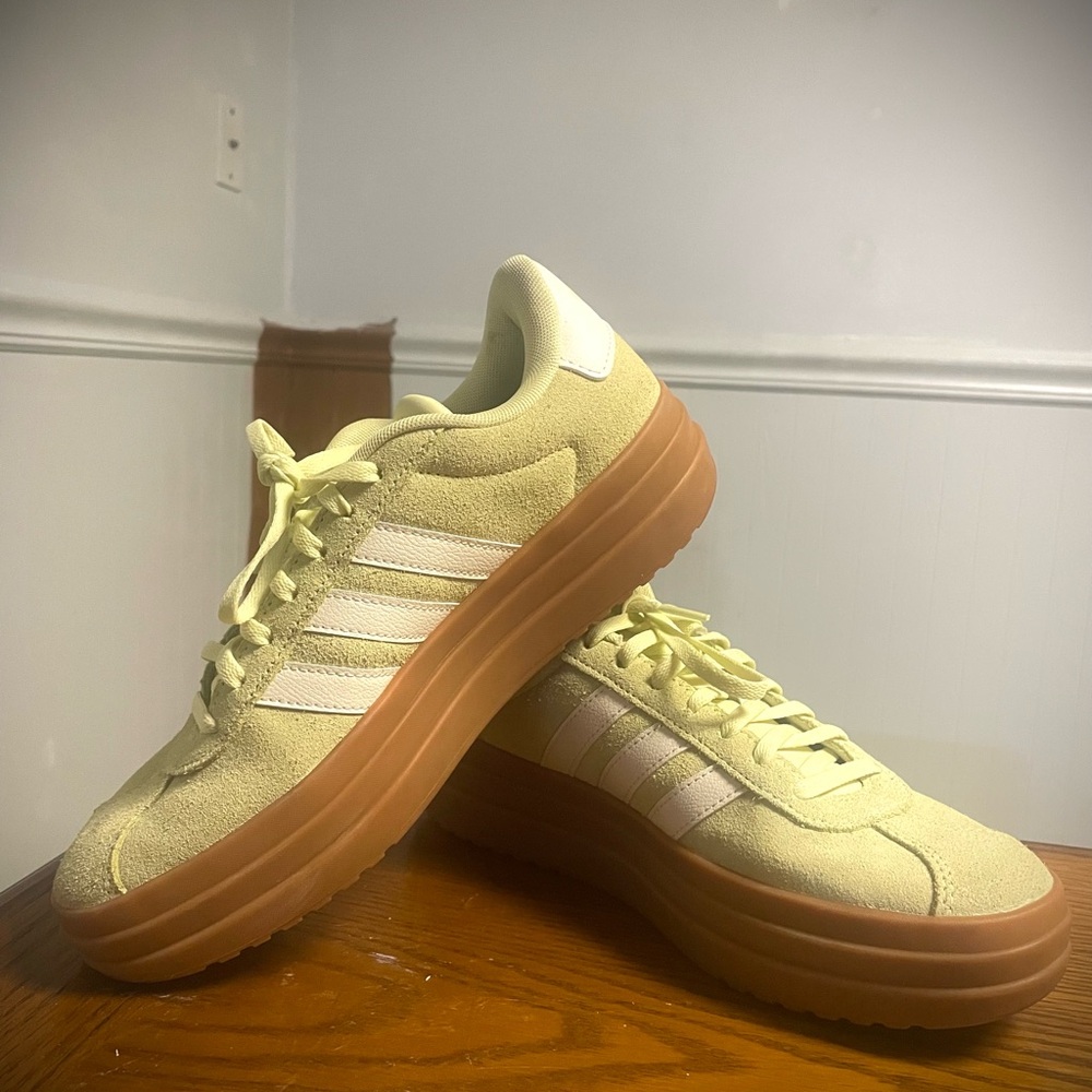 adidas Women’s Pale Yellow Suede Platform Sneakers with Gum Sole